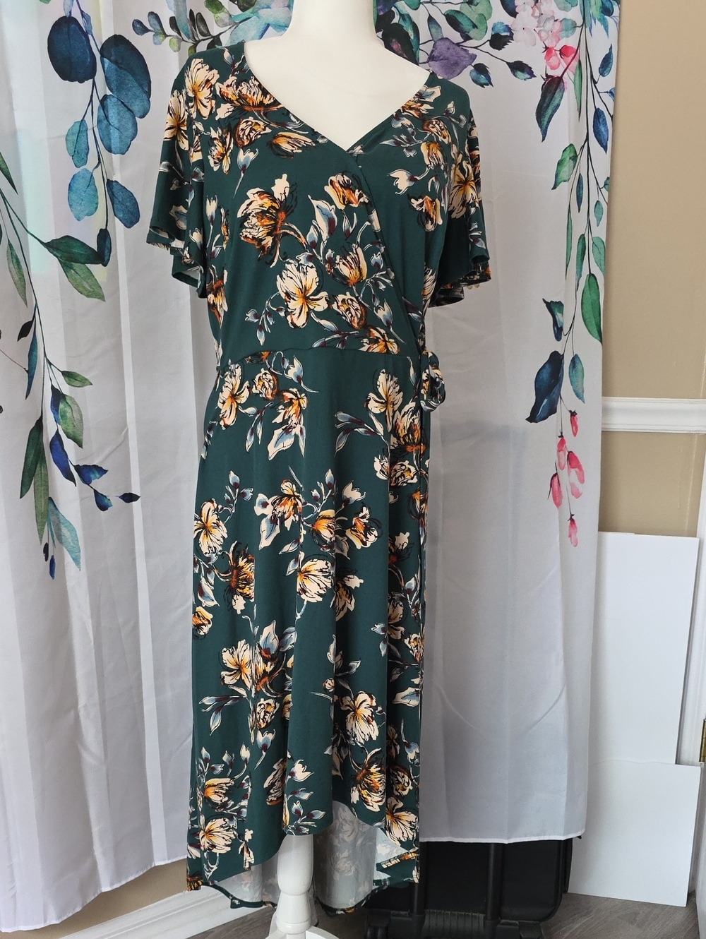 Floral Wrap High-Low Dress in Forest Green